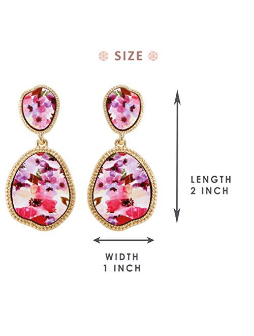 BONALUNA Bohemian Wood And Flower Printed Oval Shaped Drop Statement Earrings