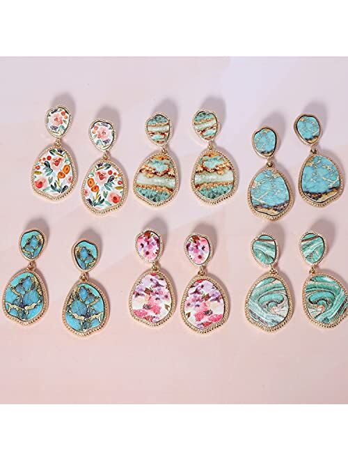 BONALUNA Bohemian Wood And Flower Printed Oval Shaped Drop Statement Earrings