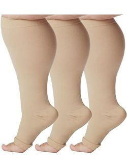(3 Pack) Absolute Support Big and Tall Compression Socks for Women and Men 20-30mmHg Open Toe - Plus Size Compression Support Hose Wide Calf for Swelling Pain Edema Recov
