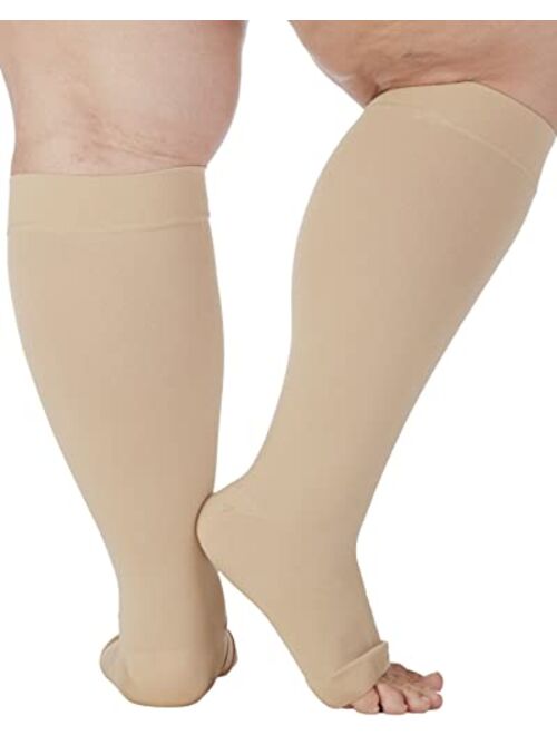 (3 Pack) Absolute Support Big and Tall Compression Socks for Women and Men 20-30mmHg Open Toe - Plus Size Compression Support Hose Wide Calf for Swelling Pain Edema Recov