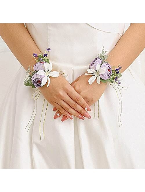 Campsis Set of 2 Wedding Flower Wrist Corsage Purple Handmade Leave Bridal Hand Flower Bride Bridesmaid Wristlet for Prom Party Beach Photography 2PCS