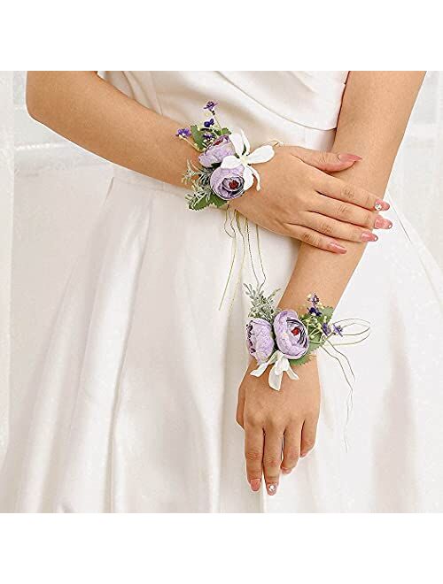 Campsis Set of 2 Wedding Flower Wrist Corsage Purple Handmade Leave Bridal Hand Flower Bride Bridesmaid Wristlet for Prom Party Beach Photography 2PCS