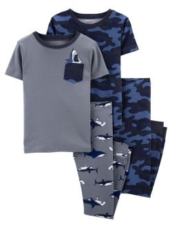Big Boys 4-Piece Shark Snug Fit T-shirt and Pajama Set