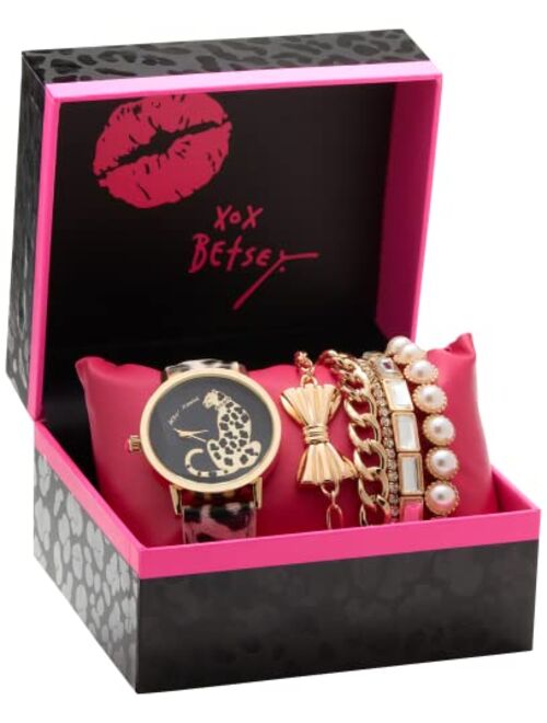BETSEY JOHNSON Women's Watch Set - Vegan Leather Strapped Wristwatch with Bracelets: BJWS002
