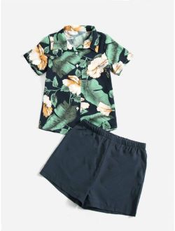 Boys Tropical Print Button Front Beach Swimsuit
