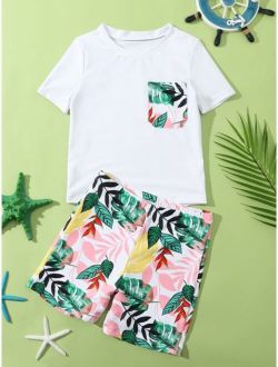 Boys Random Tropical Print Pocket Patched Swimsuit