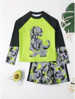 Boys Dinosaur Print Raglan Swimsuit