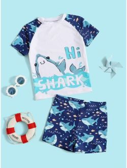 Boys Cartoon Shark & Letter Graphic Swimsuit