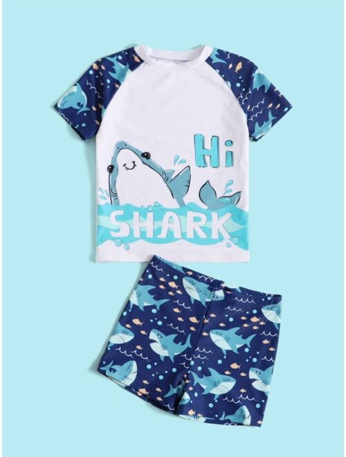 Shein Boys Cartoon Shark & Letter Graphic Swimsuit