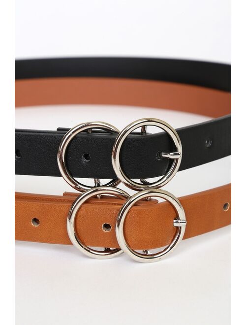 Lulus Twinning The Trend Black and Brown Double Buckle Belt Set