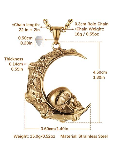 HZMAN Mens Women Gothic Retro Moon Crescent Skull Stainless Steel Pendant Necklace 22+2 Inch Chain