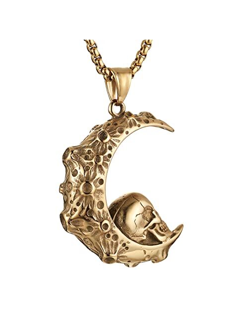 HZMAN Mens Women Gothic Retro Moon Crescent Skull Stainless Steel Pendant Necklace 22+2 Inch Chain
