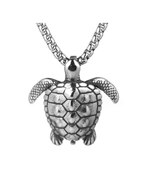 HZMAN Health Longevity Sea Turtle Stainless Steel Marine Life Pendant Men's Women's Beach Style Necklace 22 + 2 Inch Chain