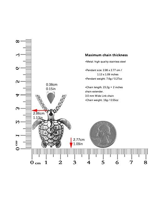 HZMAN Health Longevity Sea Turtle Stainless Steel Marine Life Pendant Men's Women's Beach Style Necklace 22 + 2 Inch Chain