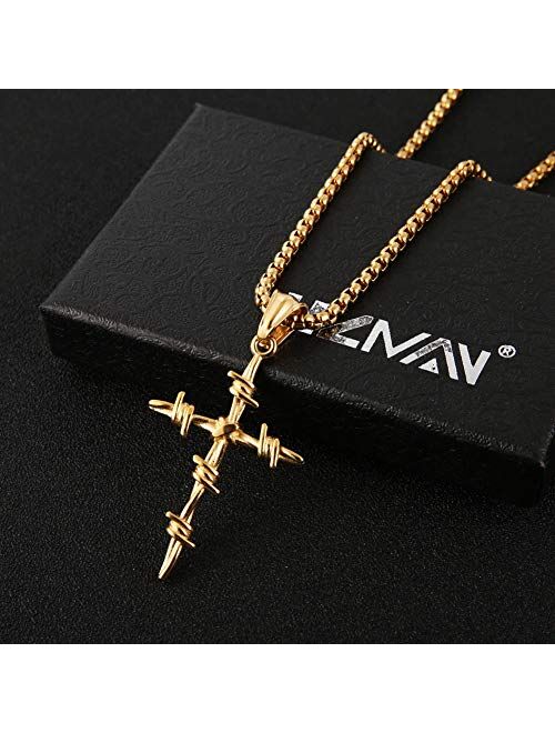 HZMAN Men's Vintage Silver Nail Cross Punk Gothic Stainless Steel Barbed Wire Pendant Necklacee 22+2 Inch