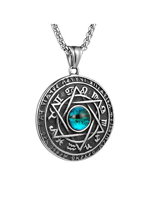 HZMAN Green Eyes Talisman Seal Solomon Six-Pointed Star 12 Constellation Pendant Stainless Steel Necklaces