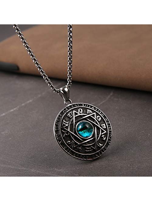 HZMAN Green Eyes Talisman Seal Solomon Six-Pointed Star 12 Constellation Pendant Stainless Steel Necklaces