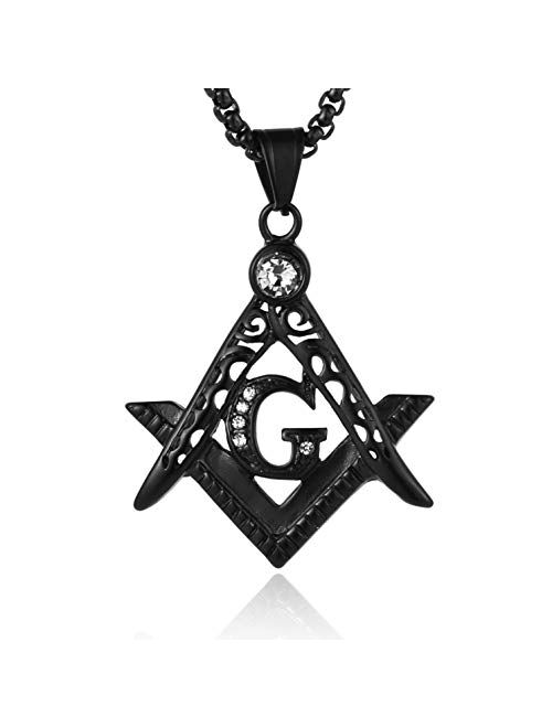 HZMAN Mens Cubic Zirconia Freemason Symbol Masonic Stainless Steel Pendant Necklace 22+2 inch Chain