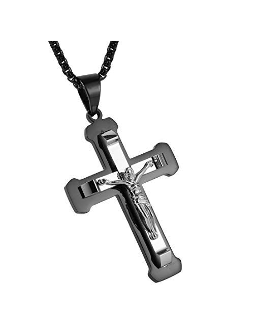 HZMAN Men's Jesus Stainless Steel Pendant Necklace Silver Gold Black Multicolor Cross, 22 + 2 Inch Chain