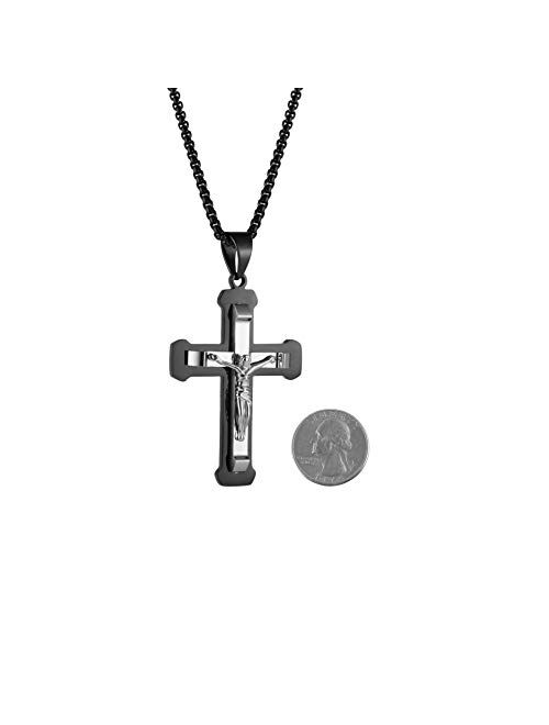 HZMAN Men's Jesus Stainless Steel Pendant Necklace Silver Gold Black Multicolor Cross, 22 + 2 Inch Chain
