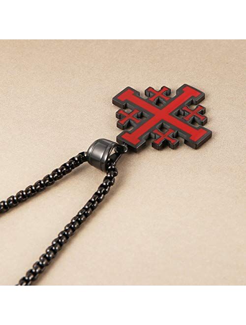 HZMAN Mens Stainless Steel Crusader Jerusalem Cross Pendant Necklace with 22+2 Inches Chain