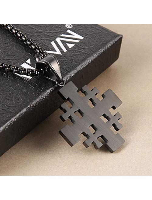 HZMAN Mens Stainless Steel Crusader Jerusalem Cross Pendant Necklace with 22+2 Inches Chain