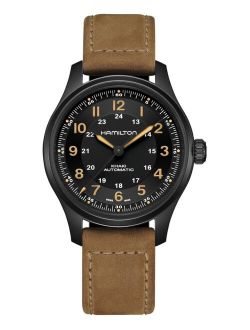 Men's Swiss Automatic Khaki Field Brown Leather Strap Watch 42mm