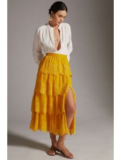 Tiered Lace Side-Slit Midi Skirt