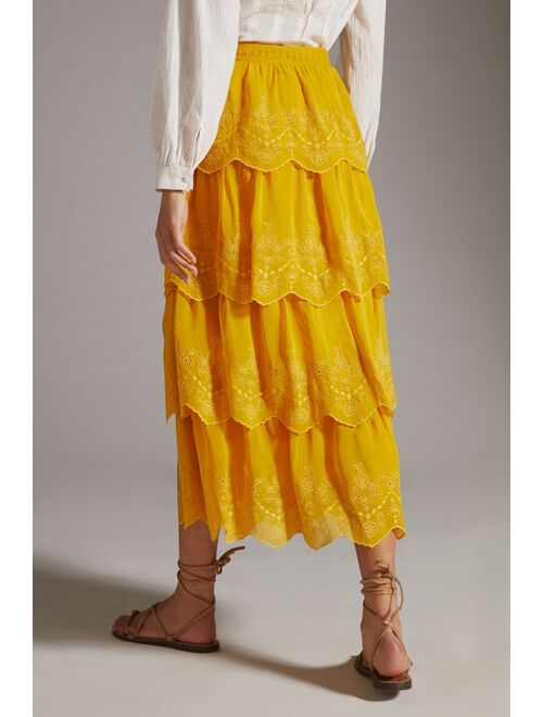 Anthropologie Tiered Lace Side-Slit Midi Skirt