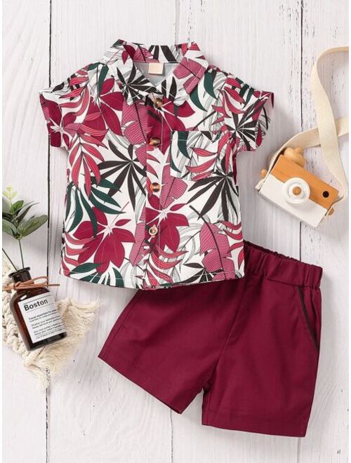 Shein Baby Tropical Print Patched Pocket Shirt & Shorts