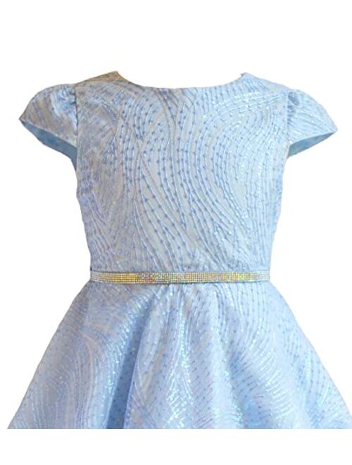 Rare Editions Girls 7-16 Blue Embroidered Sequins Mesh Jewel Waist Dress