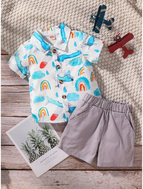 Shein Baby Cloud & Airplane Print Button Front Shirt & Shorts