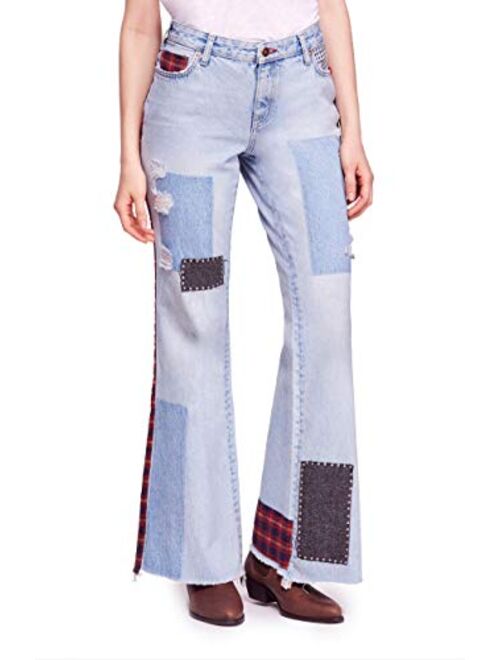 Free People Women's Mix Plaid Slim Flare Jeans