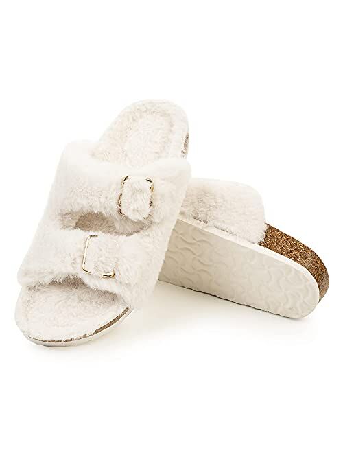 FITORY Womens Open Toe Slipper with Cozy Lining,Faux Rabbit Fur Cork Slide Sandals Size 6-11