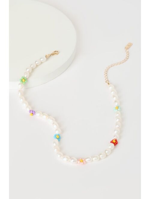 Lulus Always Adorable Pearl Beaded Flower Necklace