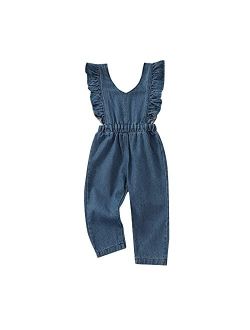 Tiacham Girls Jeans Romper Toddler Sleeveless Ruffle Halter Jumpsuits Baby Girl Denim Overalls Kids Pants