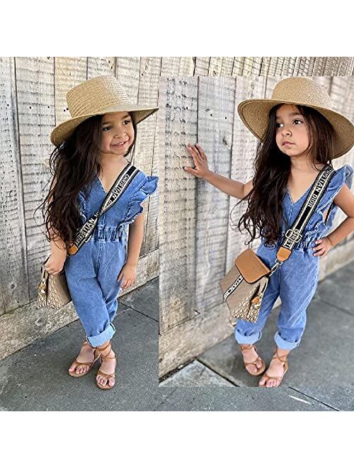 Tiacham Girls Jeans Romper Toddler Sleeveless Ruffle Halter Jumpsuits Baby Girl Denim Overalls Kids Pants