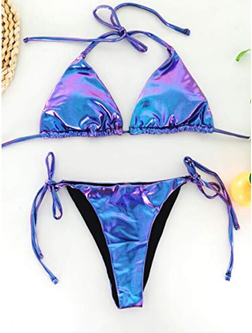 Eilova Orityle Women's Liquid Metallic Sexy Triangle Bikini Set Shiny Bathing Suit Two Pieces Swimsuit Tie Two Sides Bottom