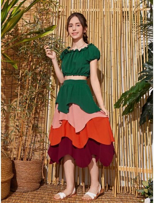 SHEIN Teen Girls Off Shoulder Top & Color Block Layered Hem Skirt Set