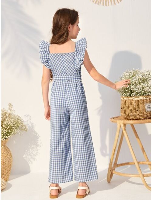 SHEIN Girls Plaid Butterfly Sleeve Belted Jumpsuit