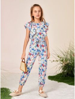 Girls Floral Print Butterfly Sleeve Jumpsuit