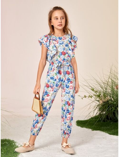 SHEIN Girls Floral Print Butterfly Sleeve Jumpsuit