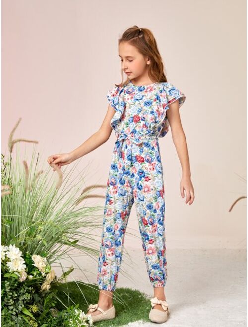 SHEIN Girls Floral Print Butterfly Sleeve Jumpsuit