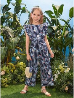 Girls Striped & Floral Print Ruffle Trim Belted Jumpsuit