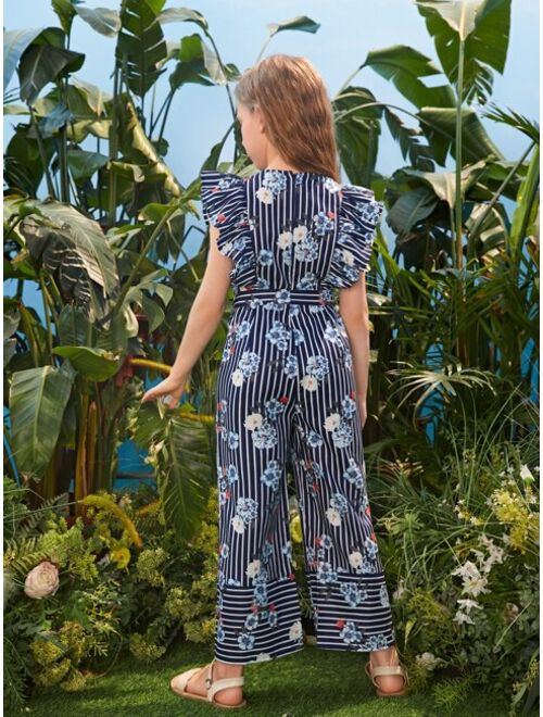 SHEIN Girls Striped & Floral Print Ruffle Trim Belted Jumpsuit