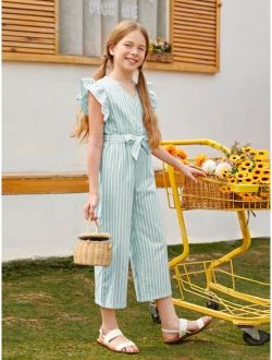 Girls Striped Butterfly Sleeve Belted Jumpsuit