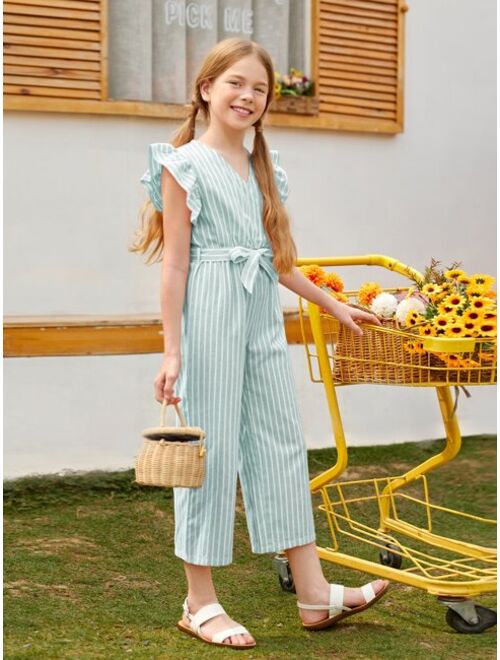 SHEIN Girls Striped Butterfly Sleeve Belted Jumpsuit