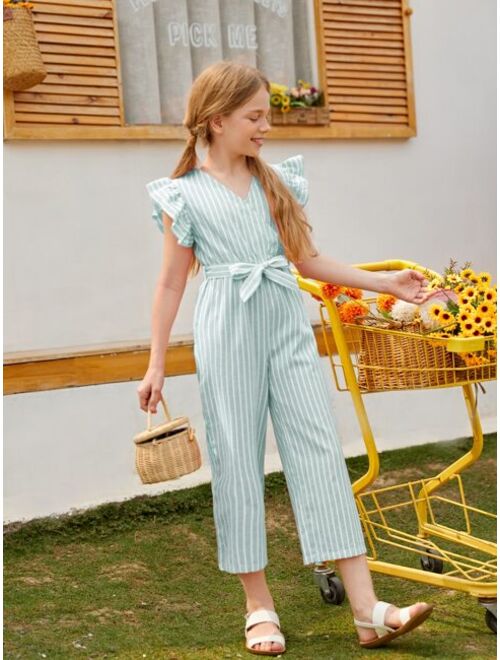 SHEIN Girls Striped Butterfly Sleeve Belted Jumpsuit