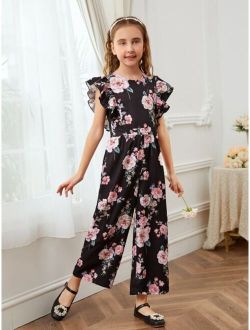 Girls Floral Butterfly Print Jumpsuit