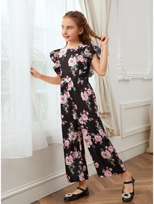 SHEIN Girls Floral Butterfly Print Jumpsuit